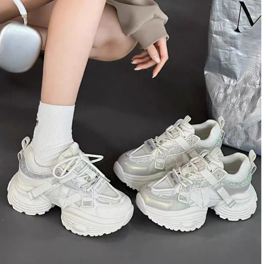 水钻老爹鞋女2025春爆款网面透气小白鞋厚底增高休闲运动鞋668-59