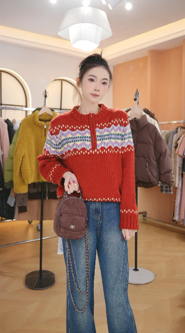 复古高级感费尔岛毛衣女秋冬网红新款显瘦加厚穿搭套头针织上衣服