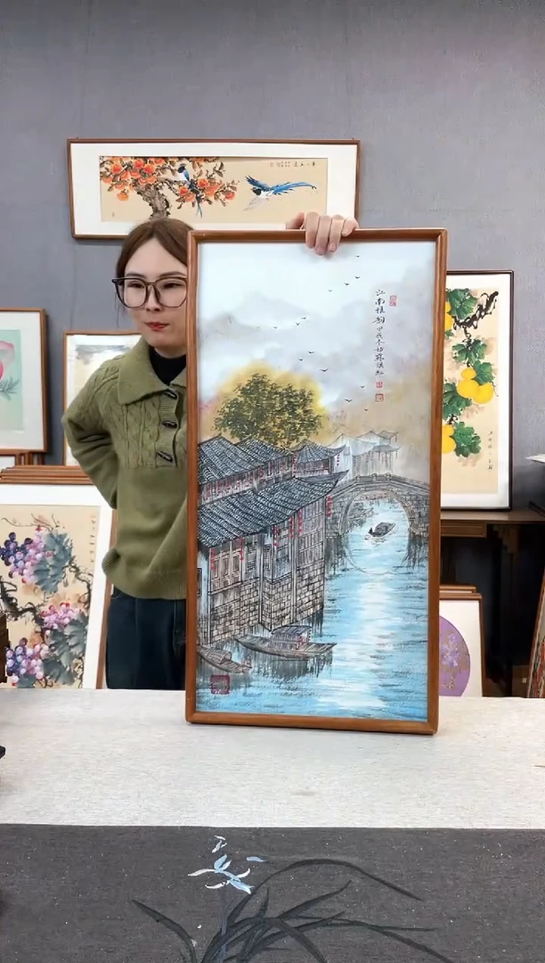 【闪购商品】国画金旗红-手绘带框作品-35*68-水乡