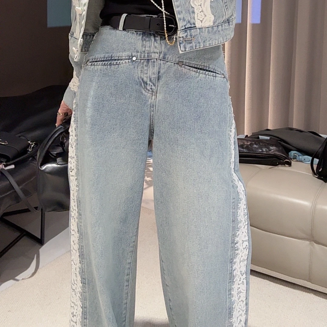 FANYE 2025春夏新款重工设计感蕾丝拼接牛仔裤25068