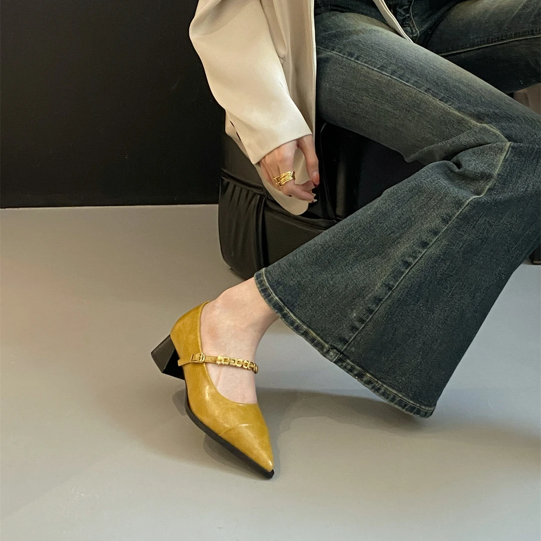 法式高跟鞋气质尖头玛丽珍鞋女2025年春夏新款粗跟一字黑色高跟鞋