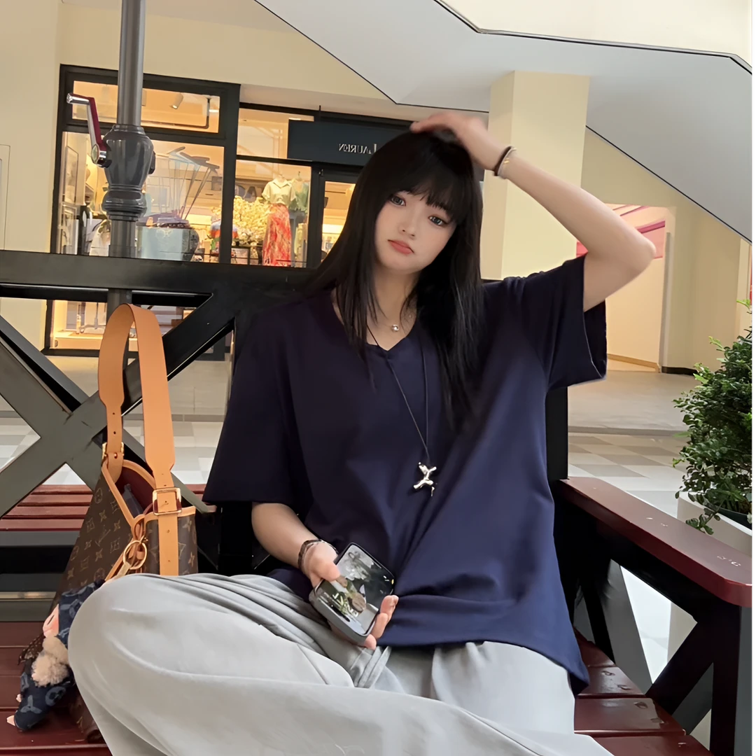 倪不叶【升级莱赛尔天丝V领T恤】宽松慵懒夏短袖落肩女中长款垂感瘦