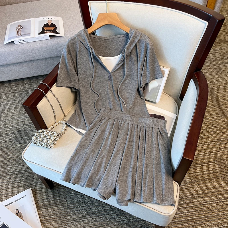 两件套不规则V领短袖T恤夏季韩版新款修身显瘦抽绳短款套装女