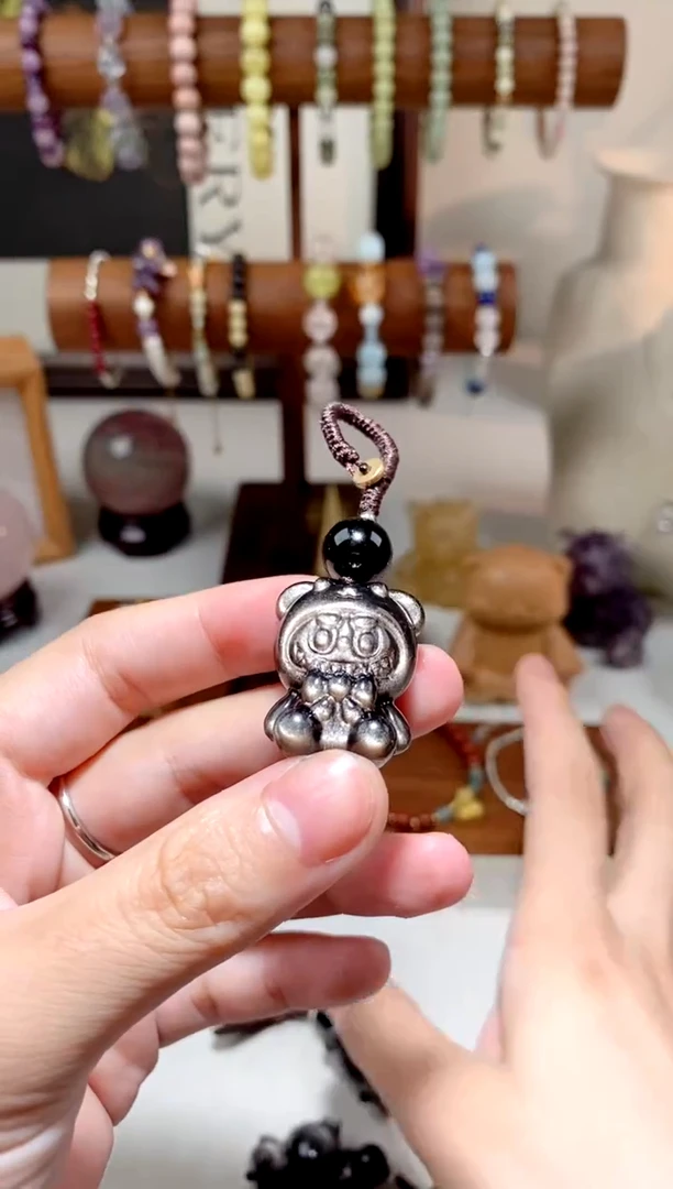 黑曜岩未镶嵌颈饰  银曜拉布布包挂