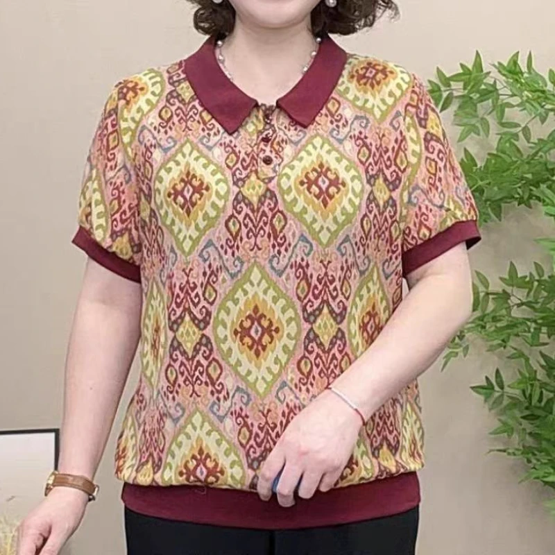 2025新款夏季气质时尚显瘦减龄宽松薄款百搭中年妈妈印花遮肚上衣