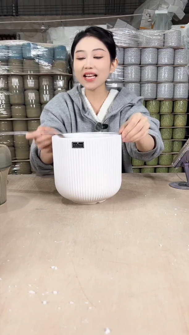【闪购商品】陶瓷新款条纹哑白中号19x18