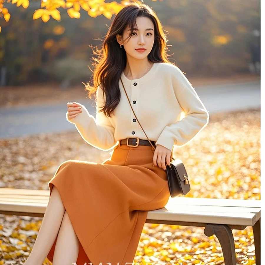 茶系穿搭一整套美拉德小洋装高级感小香风针织毛衣连衣裙套装秋冬