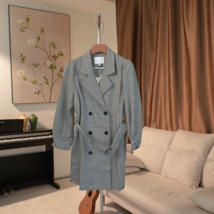 G457 中长款双排扣千鸟格风衣女 248C70