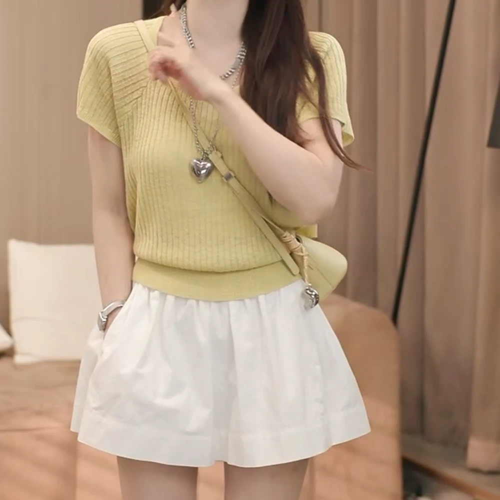 夏季新款镂空方领针织衫时尚短袖针织上衣女