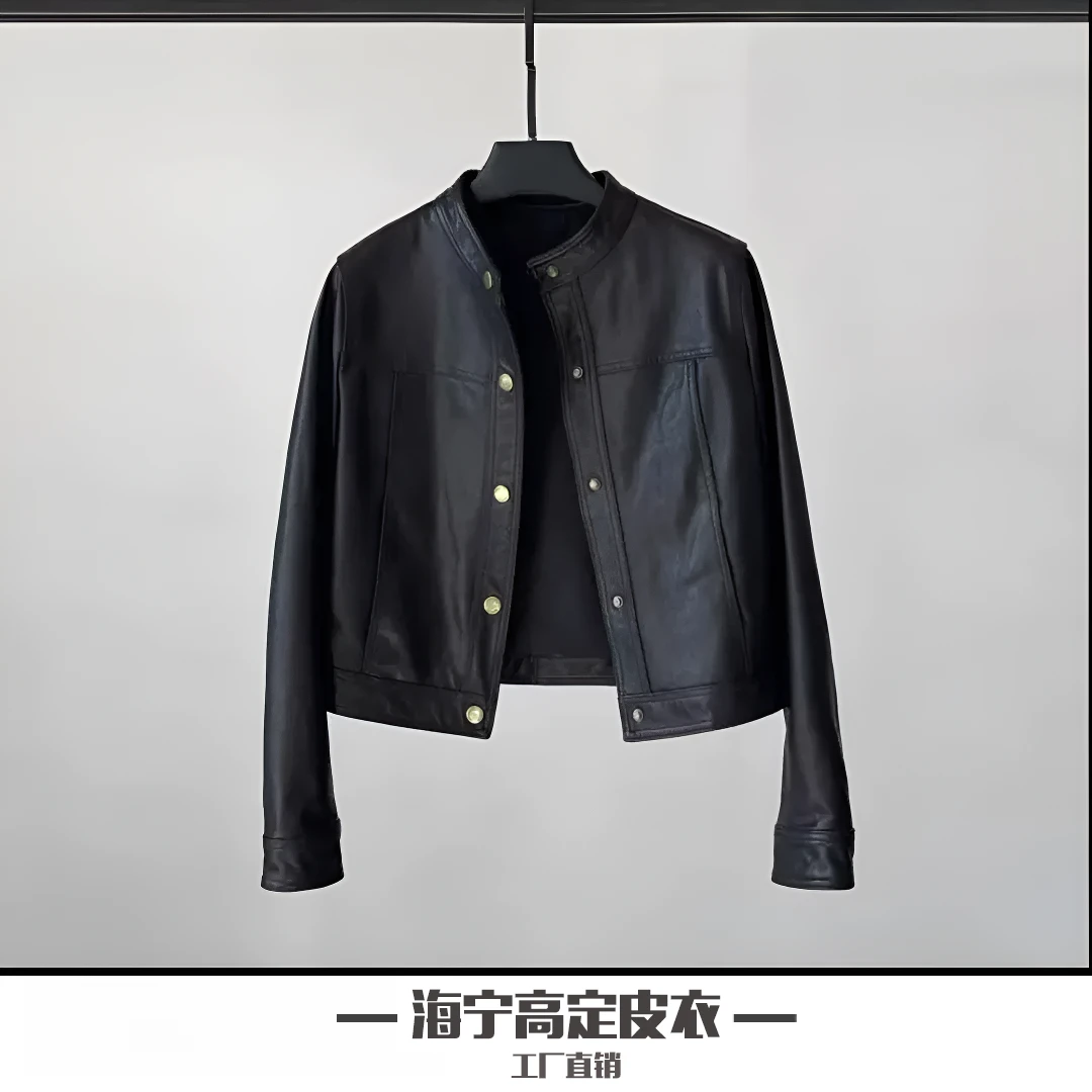 【真皮现货】海宁秋冬女短款机车服绵羊皮皮衣女减龄立领皮夹克外套