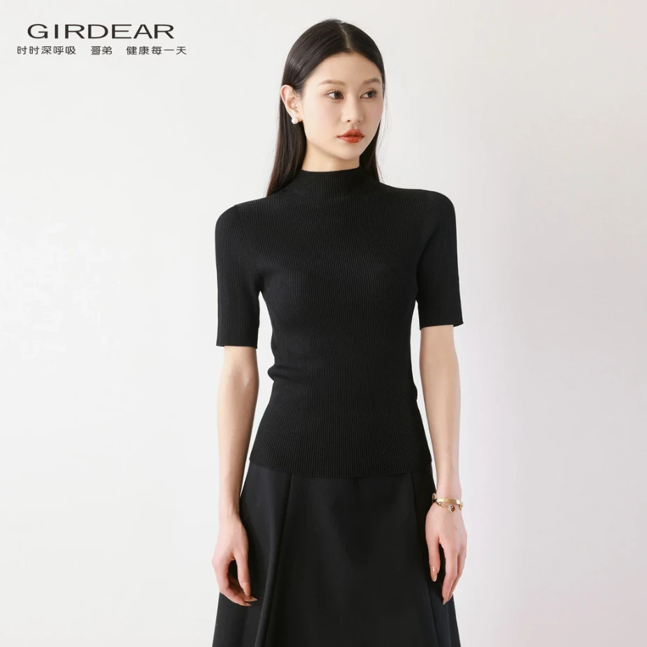 GIRDEAR/哥弟新款天衣无缝修身显瘦百搭半袖纯色针织衫1399740