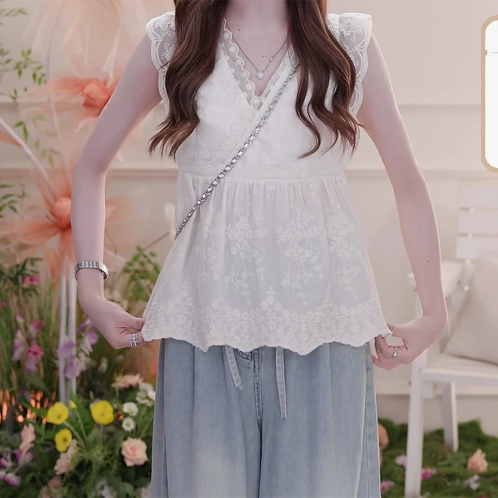 杏色蕾丝花边v领背心女绑带甜美收腰无袖上衣C5635