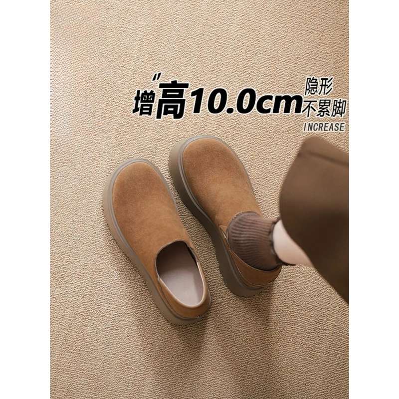 内增高10cm厚底小个子圆头勃肯鞋女2025新款丑萌鞋真皮单鞋乐福鞋