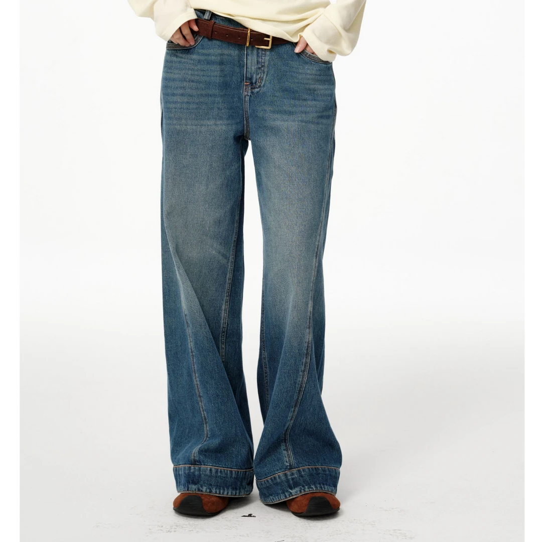 AndAnything复古拼接裤腿翻边牛仔裤