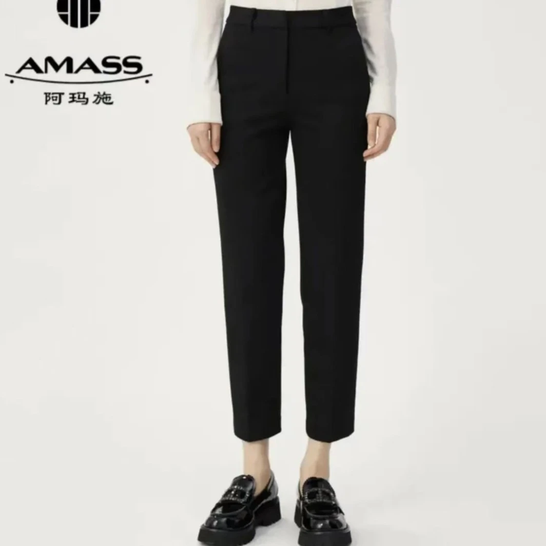 阿玛施 简约质感时尚休闲纯色中腰显瘦烟管裤5100302通勤穿搭