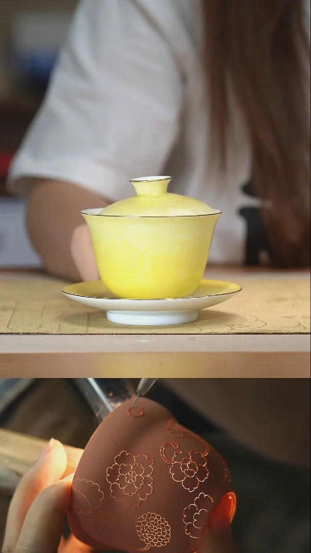 瓷片双色渐变三才盖碗