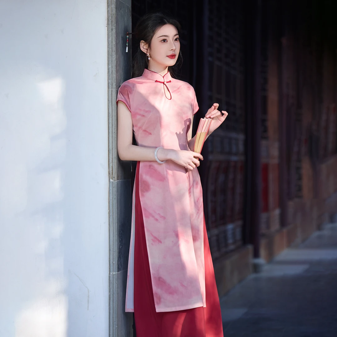 新中式旗袍奥黛裙2025年夏季新款素雅修身遮肉显瘦改良日常款茶服