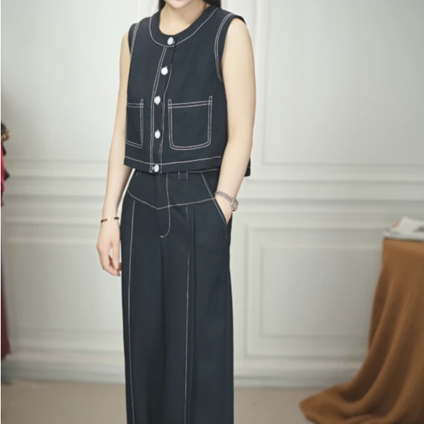 2025夏季新款女牛仔套装短款无袖显瘦牛仔马甲搭配阔腿牛仔裤