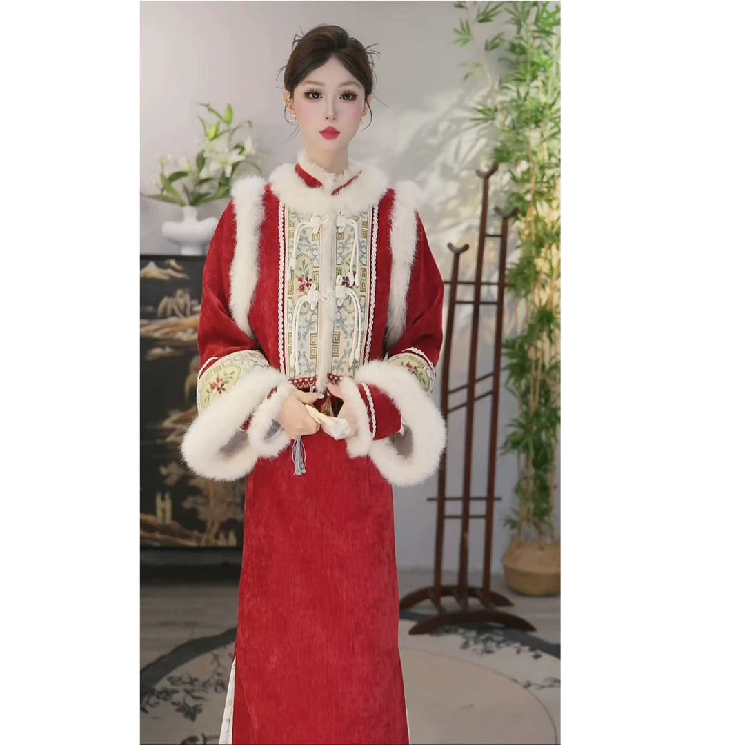 花想容2025冬季装时尚加绒中式红色显瘦中长款裙子（5842+5852）