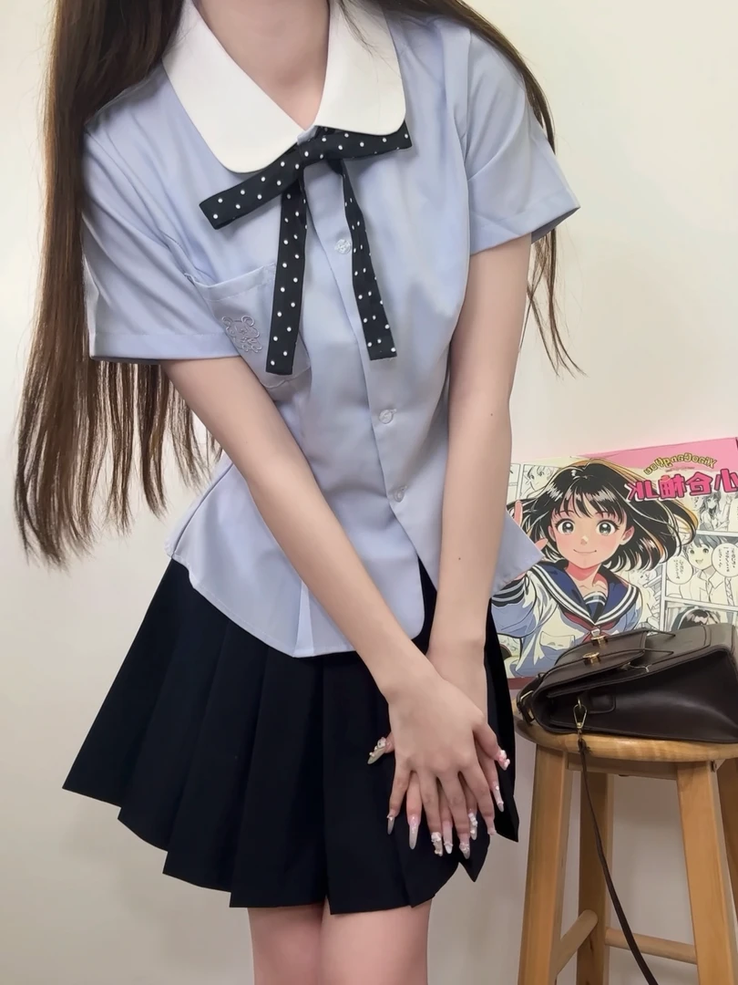 小仓柚短袖蓝纯色水手服衬衫日系短款jk夏季学院风成人薄款女生