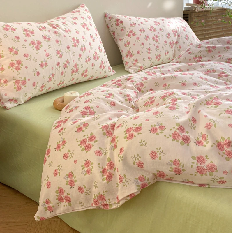 A类母婴级少女心玫瑰双层纱床上四件套纯棉100%全棉被套床单床笠
