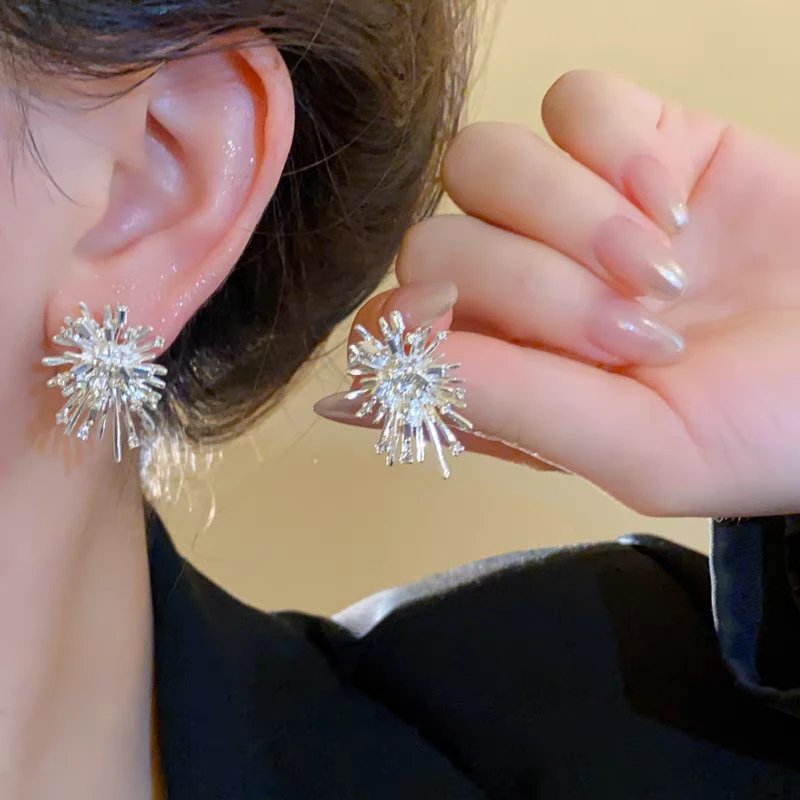 超闪银色锆石烟花耳钉女轻奢高级感气质时尚耳环2025新款爆款耳饰