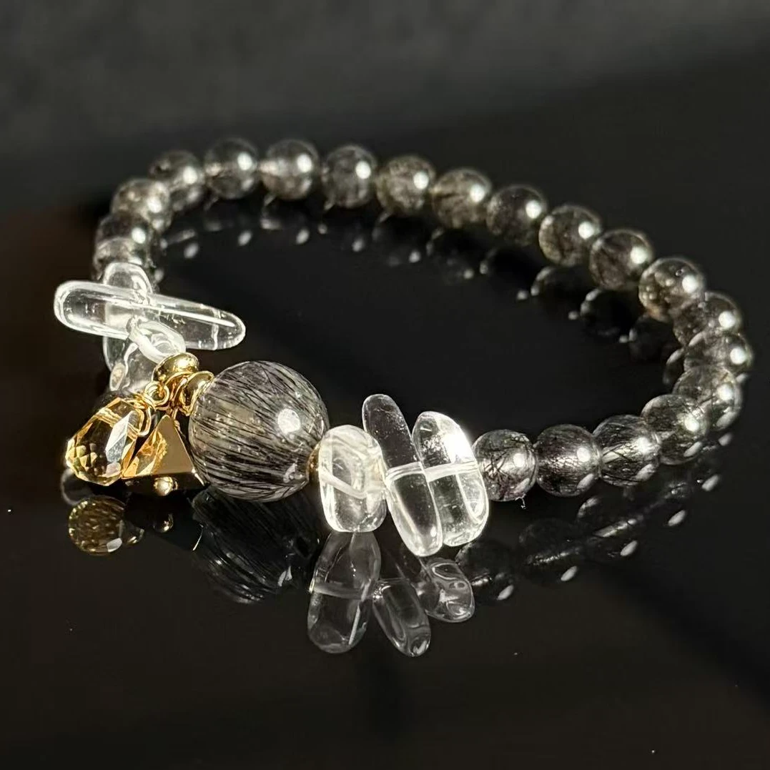 黑发晶天然水晶原创设计款天然水晶手串手链老钱风事业