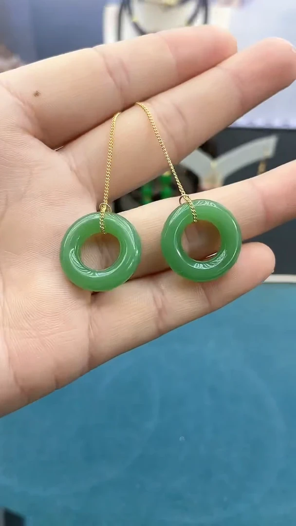 【闪购商品】和田玉耳饰14K金镶嵌20mm绿圈圈耳线