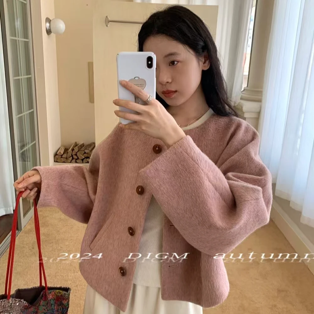 2024新款韩系无领简约温柔气质小个子毛呢外套