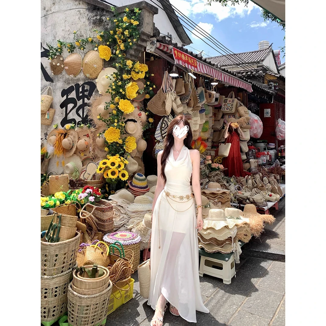 法式气质设计感无袖挂脖收腰显瘦荡领连衣裙仙女风时尚大摆裙女装