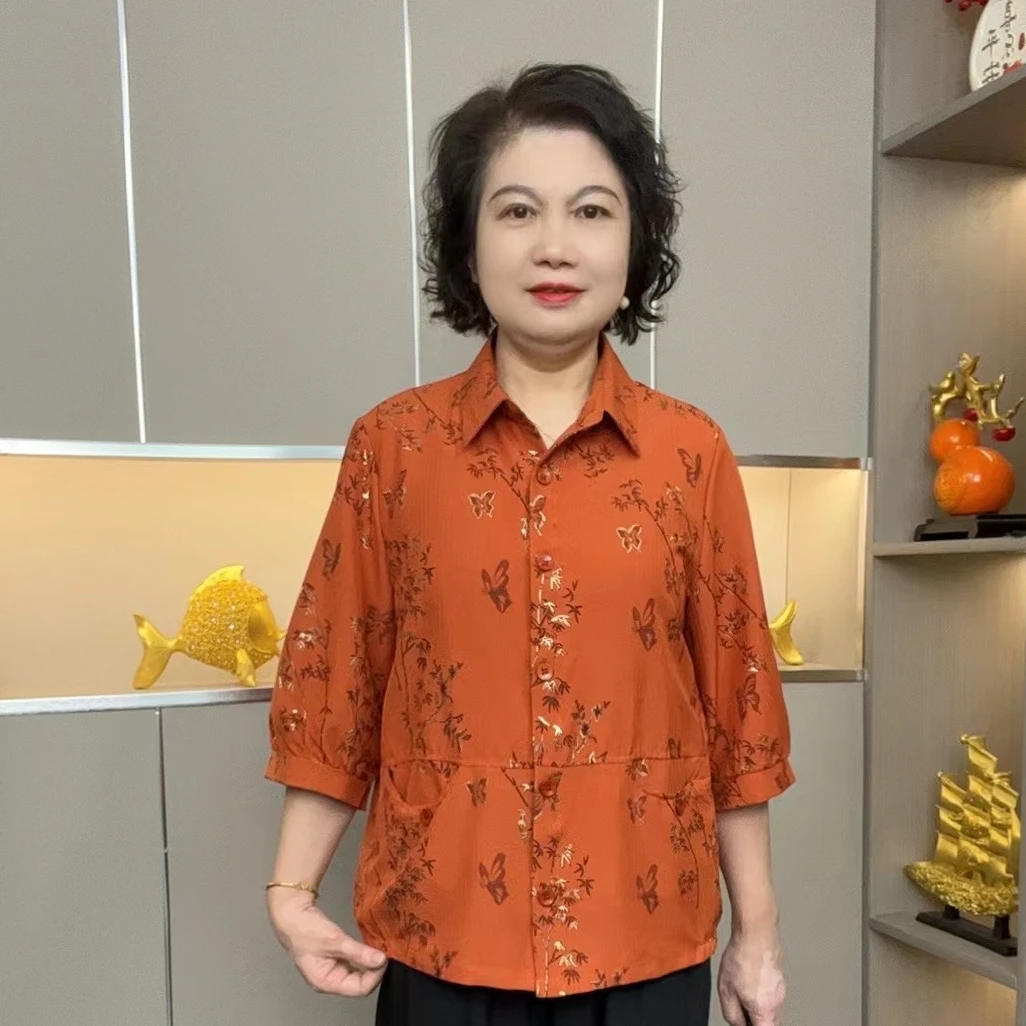 2025夏款新款洋气开衫七分袖可外搭宽松码小衫显瘦衬衣衬衫妈妈装