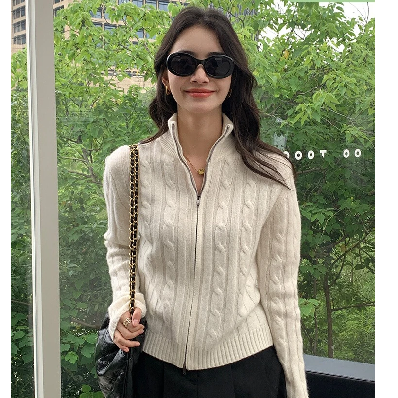 鄂尔多斯市立领羊绒针织开衫女秋冬麻花拉链打底衫宽松毛衣外套女