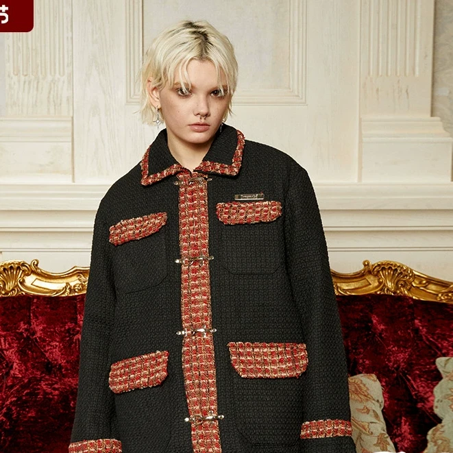 新年特惠DONSMOKE黑红小香风复古人字纹花呢格子刺绣衬衫情侣外套