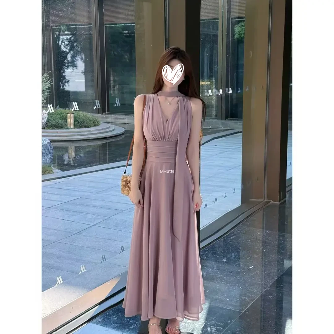 【高知姐姐】夏日漫步  高级感V领无袖挂脖收腰显瘦气质长裙子女装