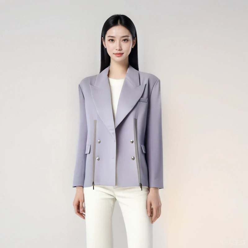 韩版气质ol米白色宽松廓形双排扣短款小西装外套F5604