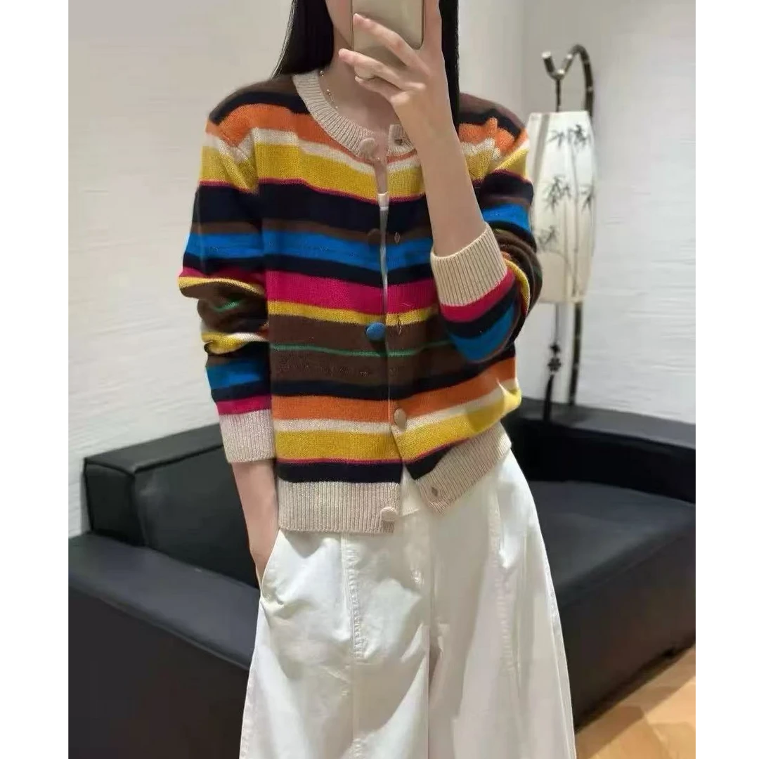 彩虹条纹上衣女显瘦毛衣秋季宽松圆领套头针织衫