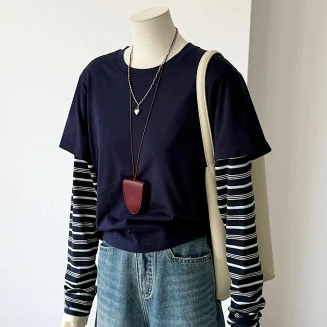 女童新秋款韩版条纹拼接假两件上衣9275