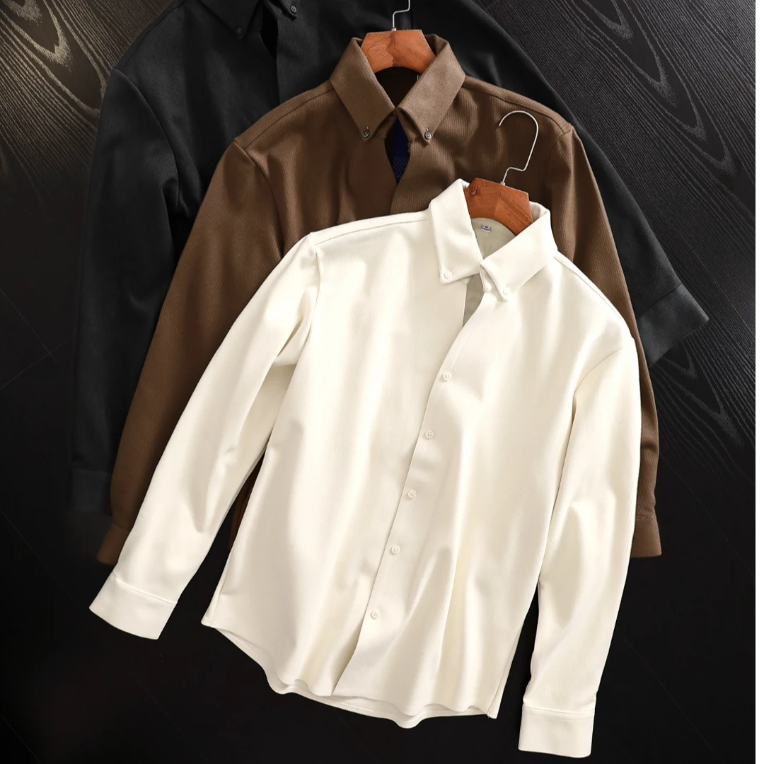 秋季新款男装美式复古长袖衬衫蓄热保暖毛呢绒小V领休闲百搭衬衣