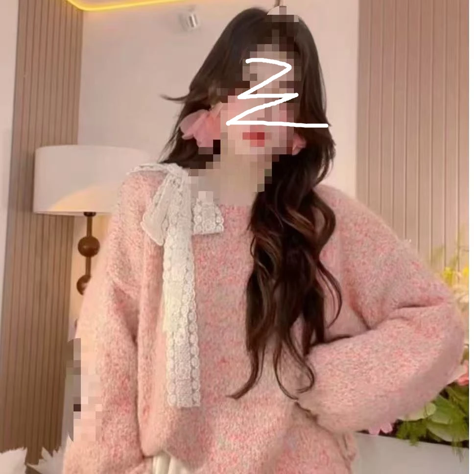 【鎏金yyDS】花纱拼接蕾丝毛针织衫温柔风韩版时尚长袖百搭宽松