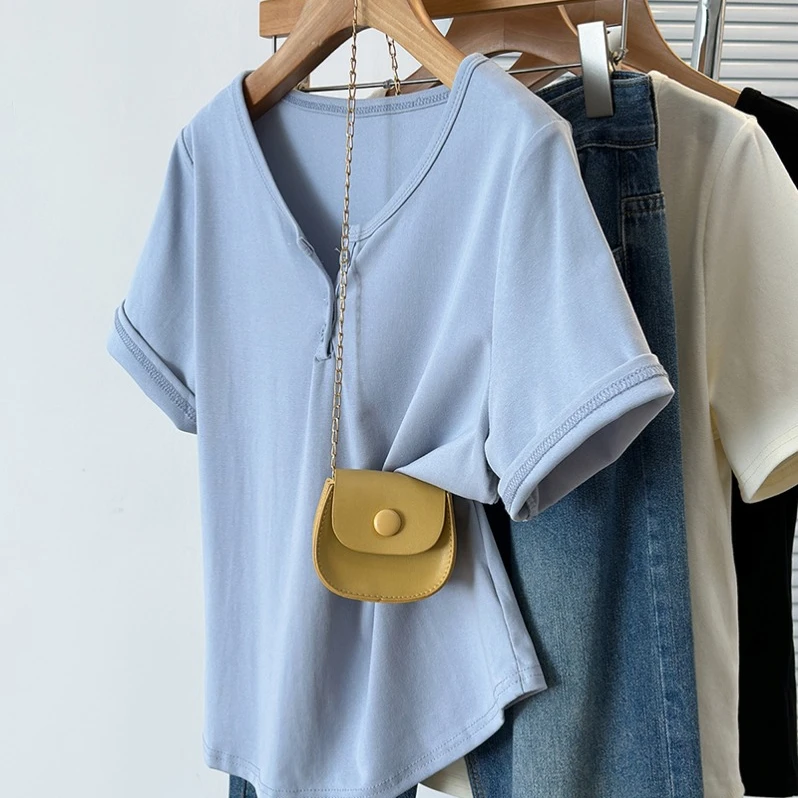 【运补6-10】2024夏装新款大码女纯色休闲小众半开领v领短袖T恤7002