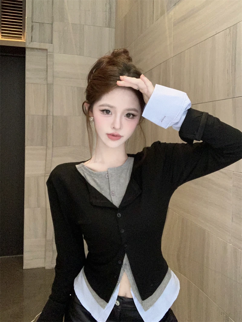 拼接短款拼色毛针织衫小众假两件设计感修身辣妹秋季女装显瘦