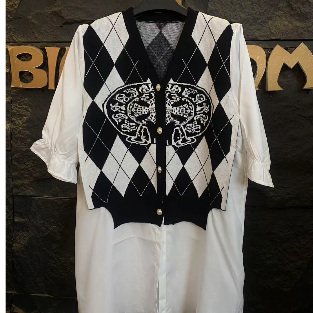 2025开衫拼接白色衬衫中长款显瘦气质修身百搭