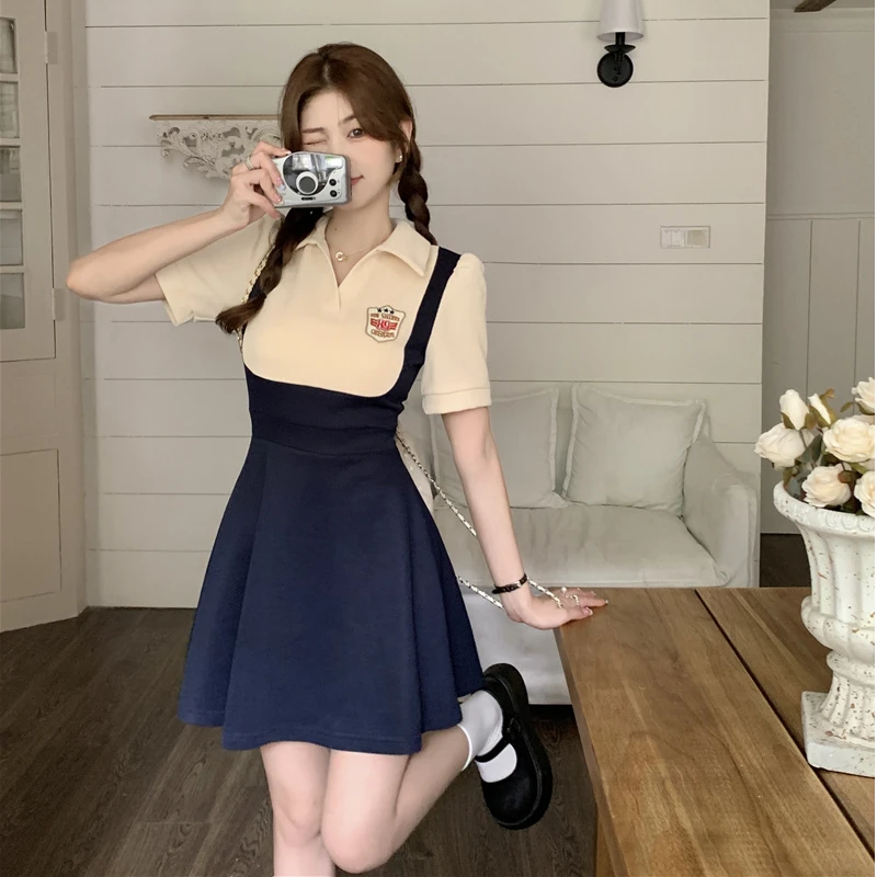 915 大码复古甜辣学院风撞色拼接设计感POLO领显瘦连衣裙