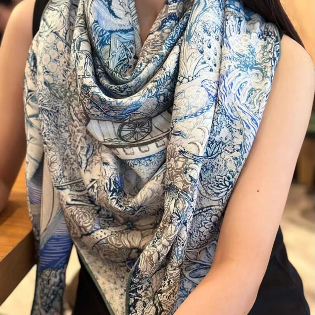 沐芽【福宝之梦】130尺寸丝绒双面同色方巾 复古气质印花围巾