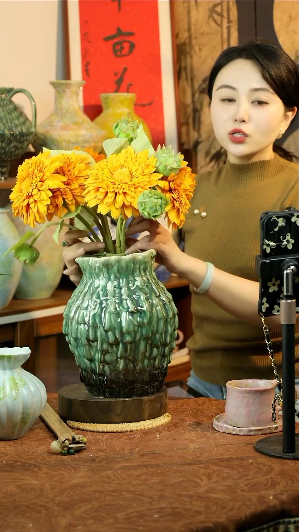 瓶景德镇孔雀绿釉风羽1花器