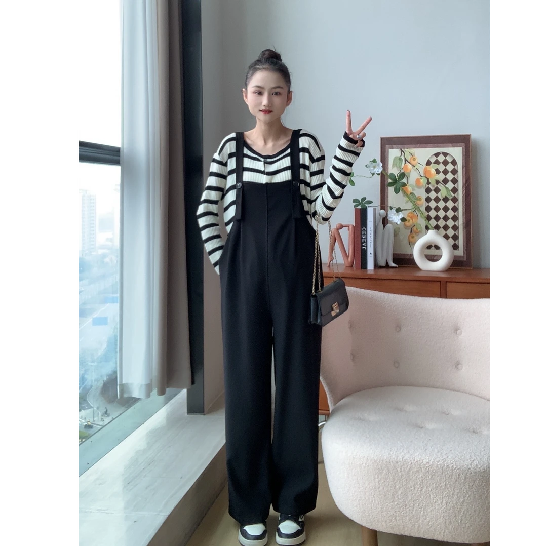 春夏孕妇西装背带裤套装宽松显瘦条纹长袖彩色上衣时尚减龄两件套
