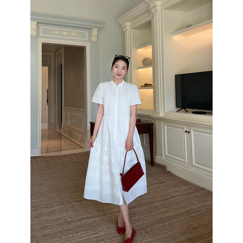 郭九九呢 100%棉法式文艺重工蕾丝拼接木耳边连衣裙 G925Q05644