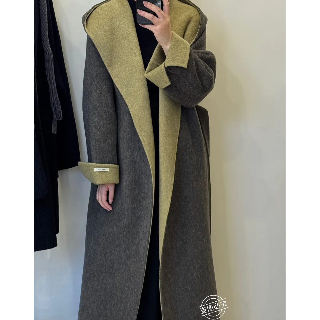 【娜娜专属】2025秋冬新款复古撞色休闲百搭宽松兜帽双面羊毛大衣