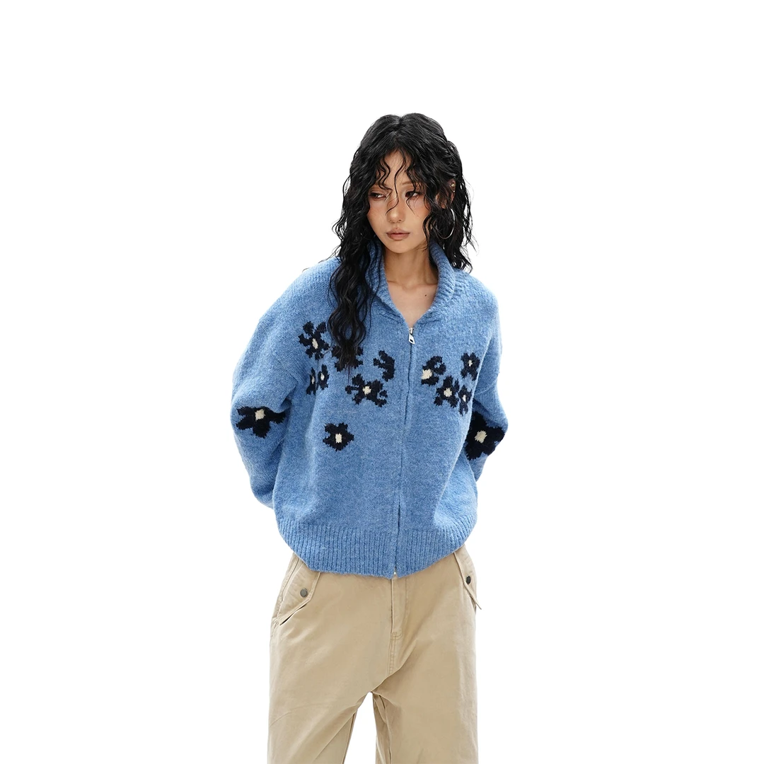 S3T5美式慵懒风提花毛衣女秋冬复古新款休闲拉链软糯针织开衫上衣