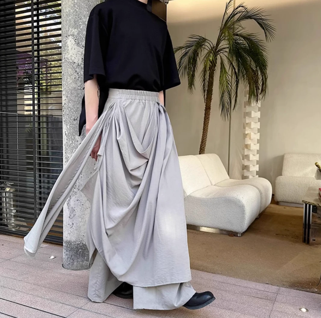 暗黑系双层不规则裙裤男小众褶皱设计感复古发型师休闲阔腿长裤潮